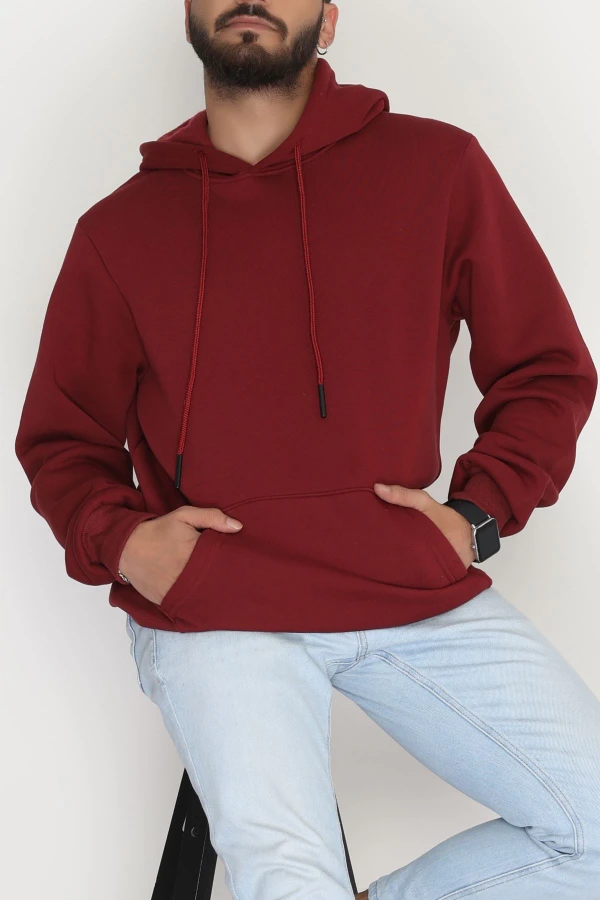 Kanguru Cepli Şardonlu 3 İplik Erkek Sweat Bordo 4