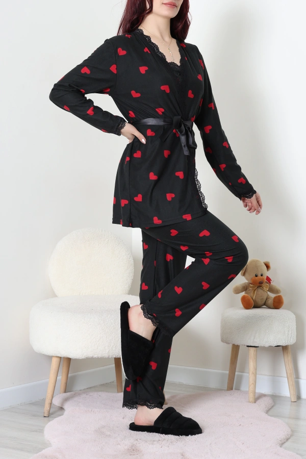 Süet 3'Lü Pijama Set Siyahkırmızı 5
