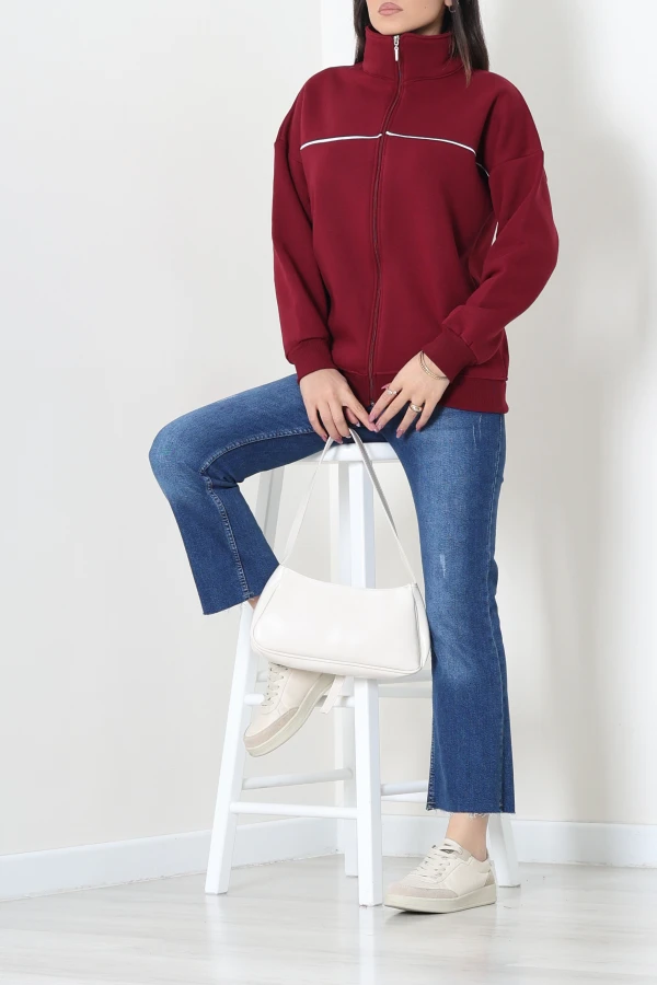 3 İplik Kompakt Oversize Biye Detaylı Sweat Bordo 2