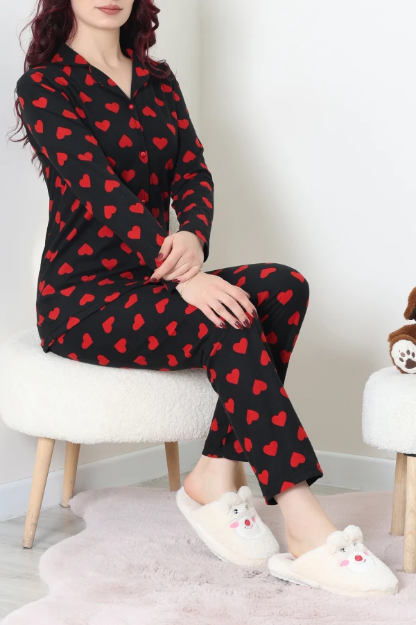 Süet Düğmeli Pijama Takım Siyahkalpli 6