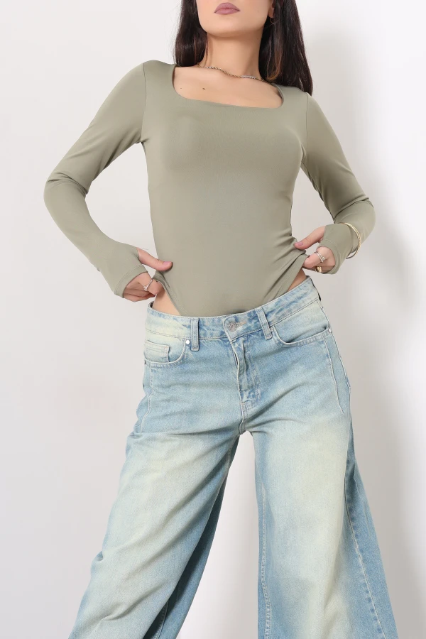 Kadın Çağla Yeşili Kare Yaka Parmak Geçmeli Dalgıç Bodysuit