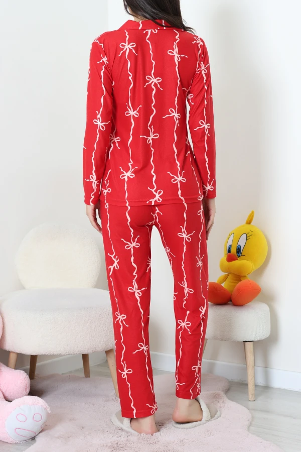 Süet Düğmeli Pijama Takımı Kırmızı 8
