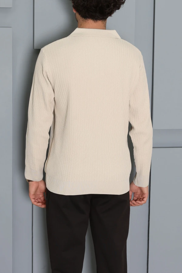 Fermuarlı Polo Yaka Erkek Triko Sweat Taş 8