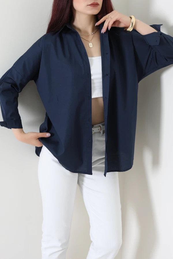 Oversize Poplin Gömlek Lacivert 3