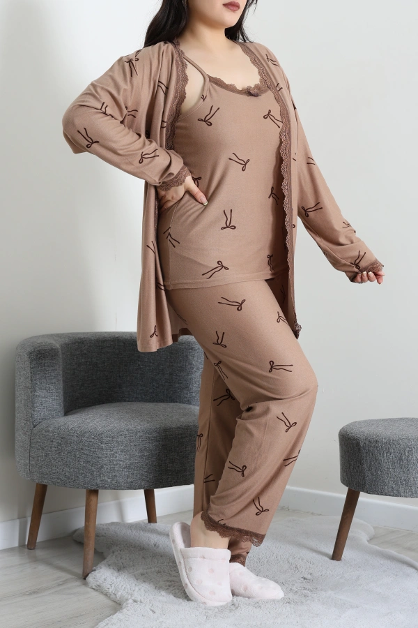 Kadın Vizon Süet 3'lü Büyük Beden Pijama Takımı 4