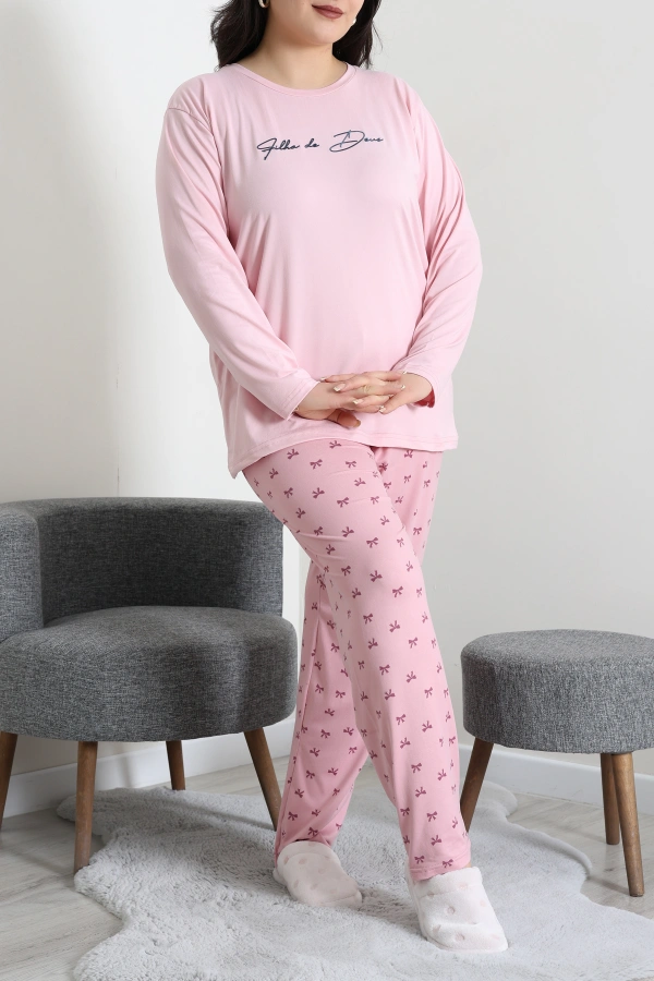 Kadın Pudra Büyük Beden Baskılı Pamuklu Pijama Takımı 5