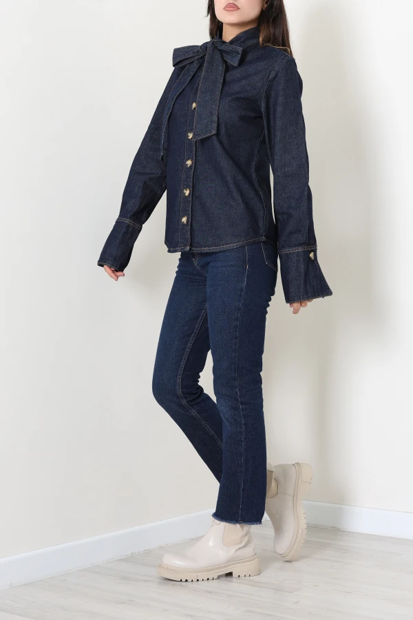 Bağlama Detay Denim Gömlek Lacivert 6