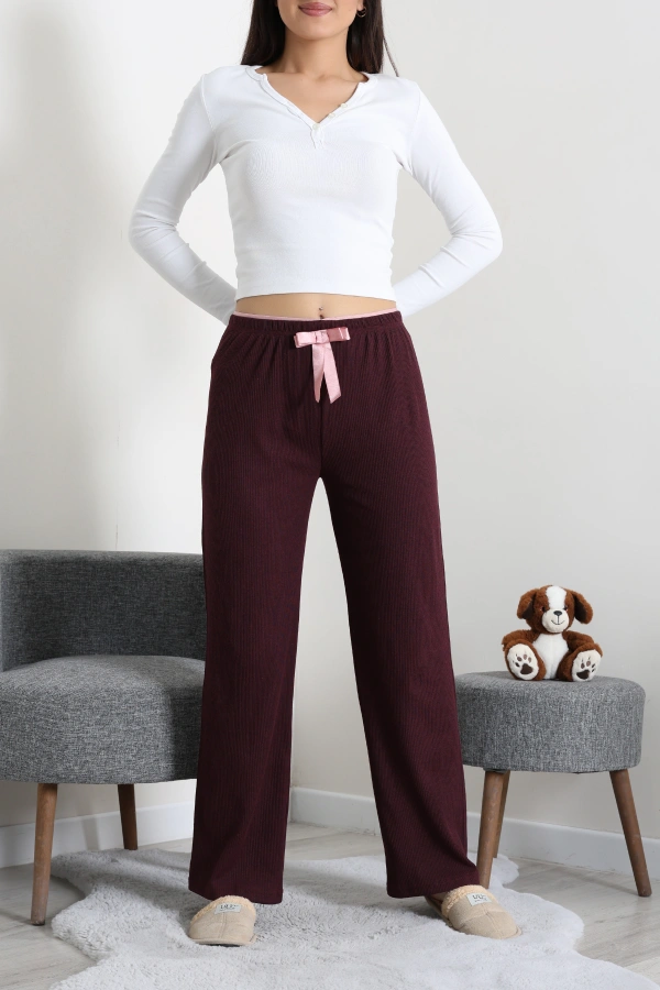 Kadın Mürdüm Ribana Pijama Altı Rahat Kalıp Pamuklu 4