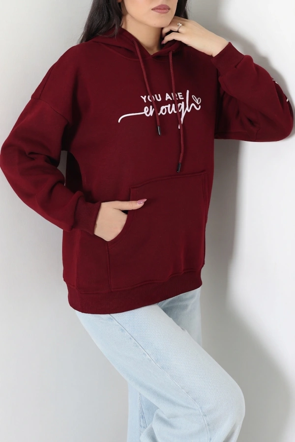 Kadın Bordo Kapüşonlu Baskılı Oversize Sweat Tunik 3