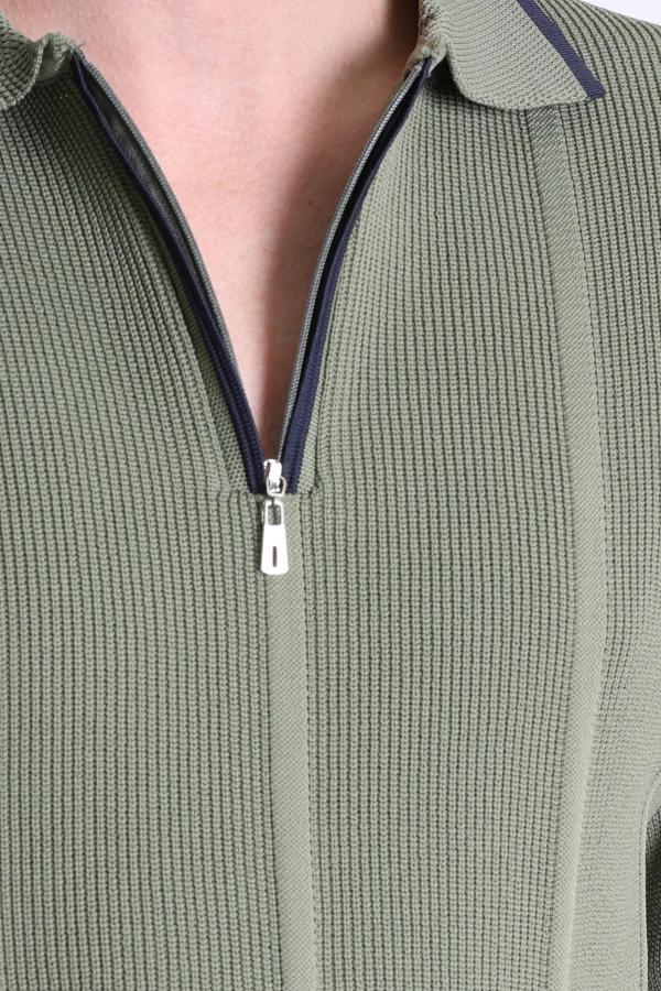 Çizgili Polo Yaka Erkek Triko Sweat Haki 7