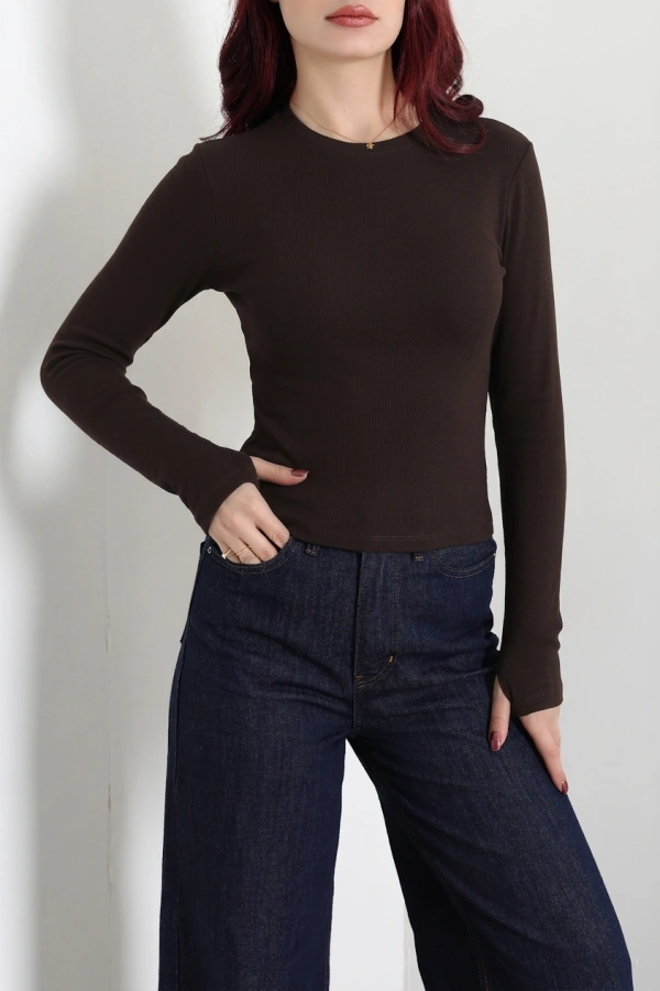 Kadın Acıkahve Bisiklet Yaka Ribana Parmak Geçmeli Body
