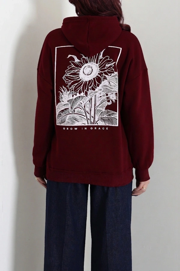 Kadın Bordo Kapüşonlu Baskılı Oversize Sweat Tunik 8