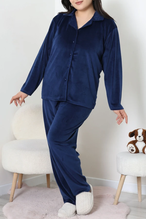 Fransız Kadife Büyük Beden Düğmeli Pijama Takımı Lacivert