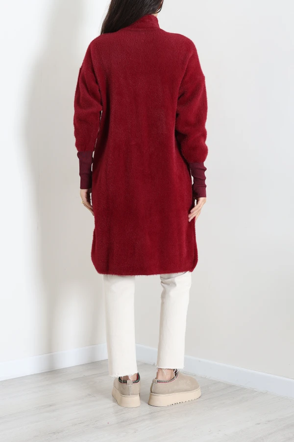 Hakim Yaka Düğmeli Uzun Triko Hırka Bordo 7