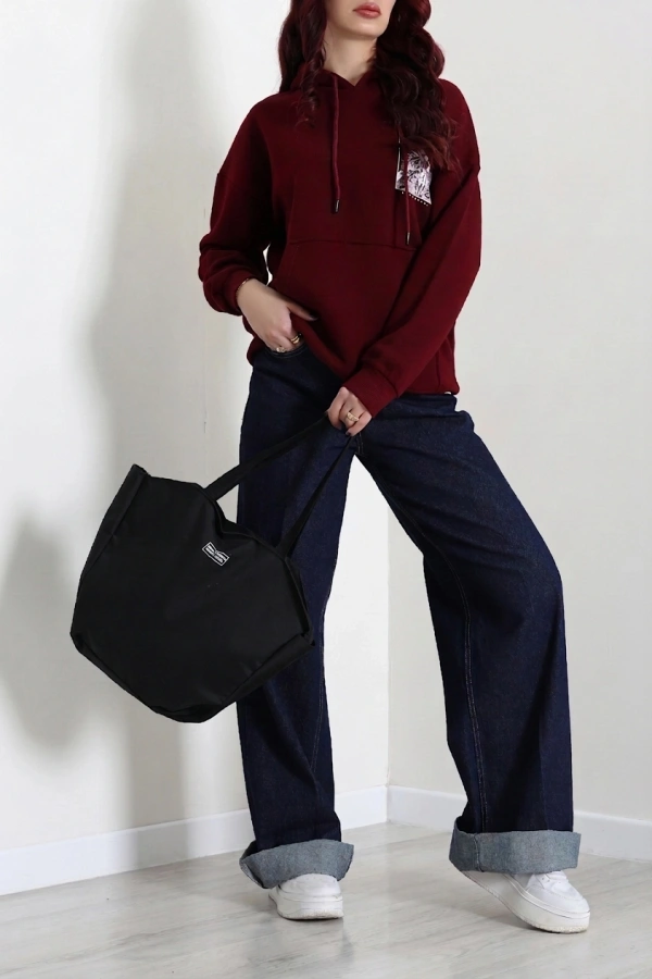 Kadın Bordo Kapüşonlu Baskılı Oversize Sweat Tunik 2