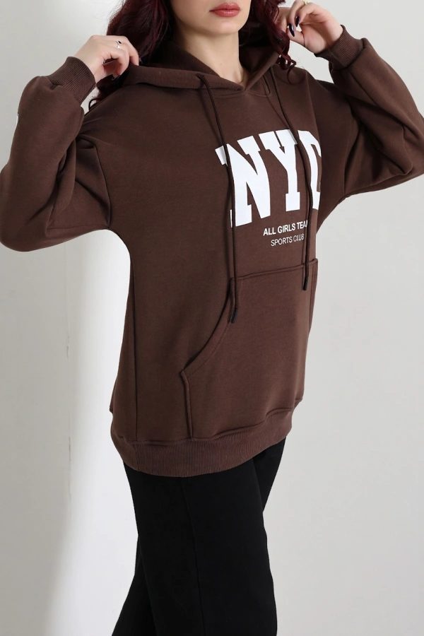 Kadın Kahve Kapüşonlu Baskılı Oversize Sweat Tunik 5