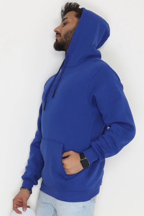 Kanguru Cepli Şardonlu 3 İplik Erkek Sweat Saks 5