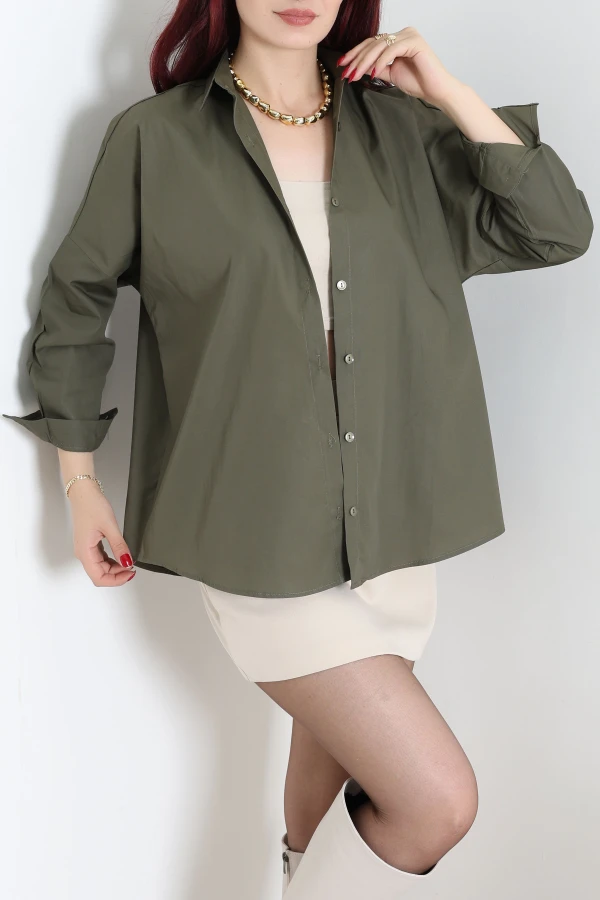 Oversize Poplin Gömlek Haki 5