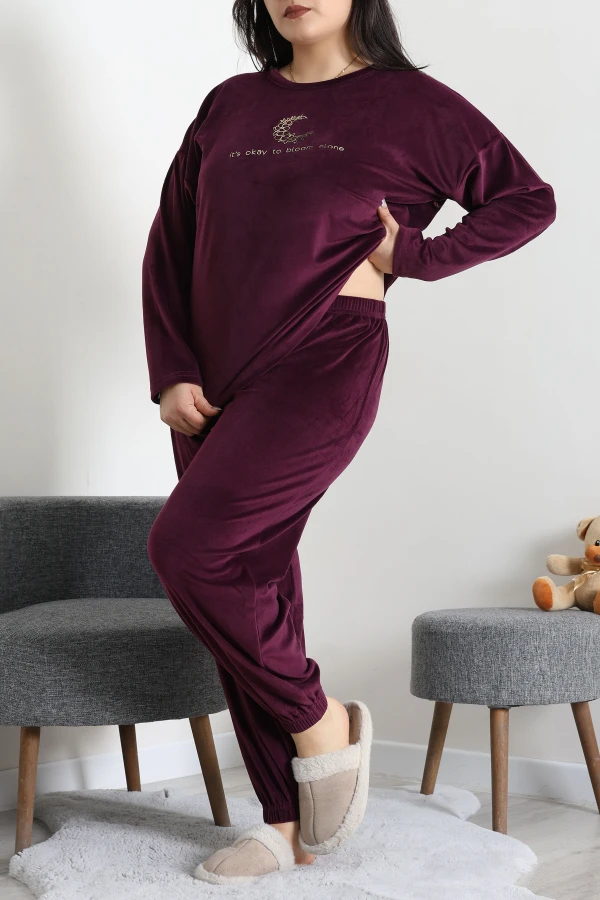 Fransız Kadife Büyük Beden Pijama Takımı Mor 3