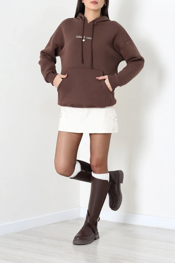 Kadın Kahve Üç İplik Kapüşonlu Nakışlı Sweatshirt Tunik 6