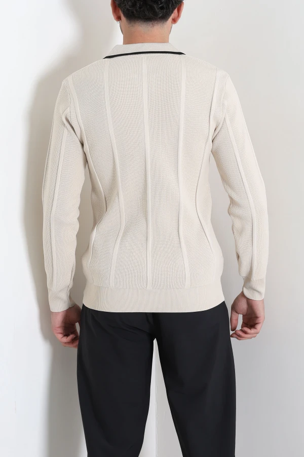 Çizgili Polo Yaka Erkek Triko Sweat Taş 7