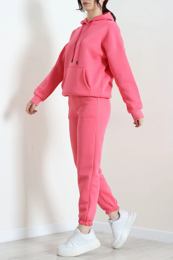 Kapşonlu 3 İplik Eşofman Takımı Neonpembe 8