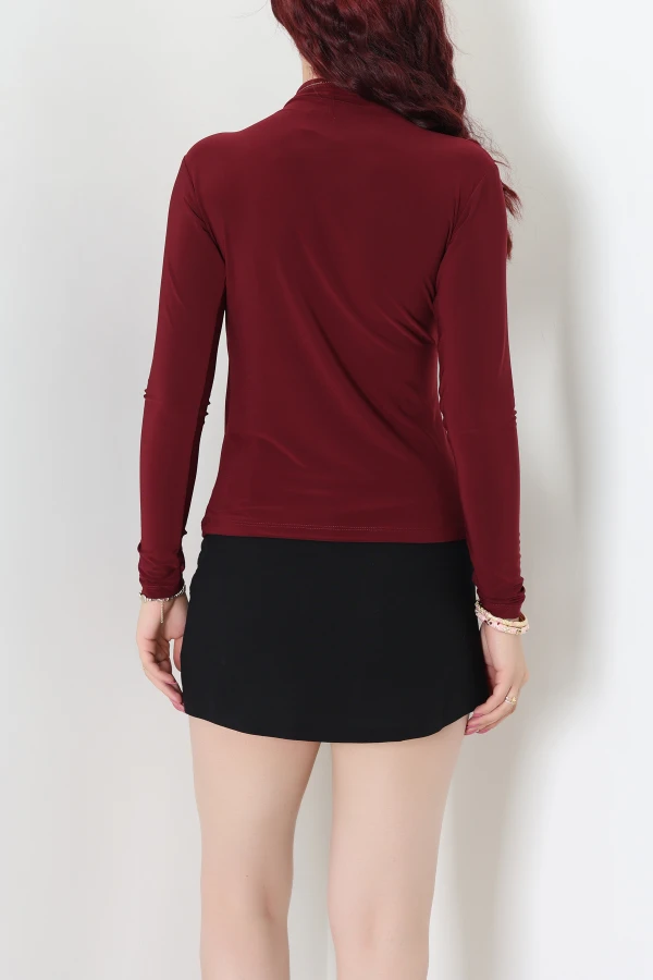 Drapeli Dik Yaka Sandy Bluz Bordo 7