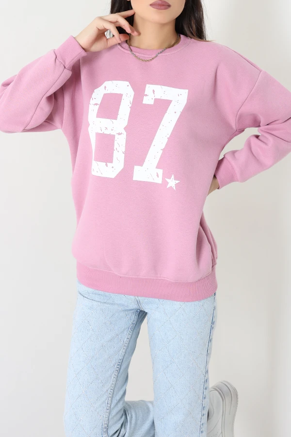 3 İplik Bisiklet Yaka Baskılı Şardonlu Sweat Pembe 3