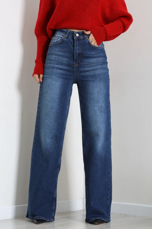 Kadın Mavi Yüksek Bel Wide Leg Bol Paça Kot Pantolon 2