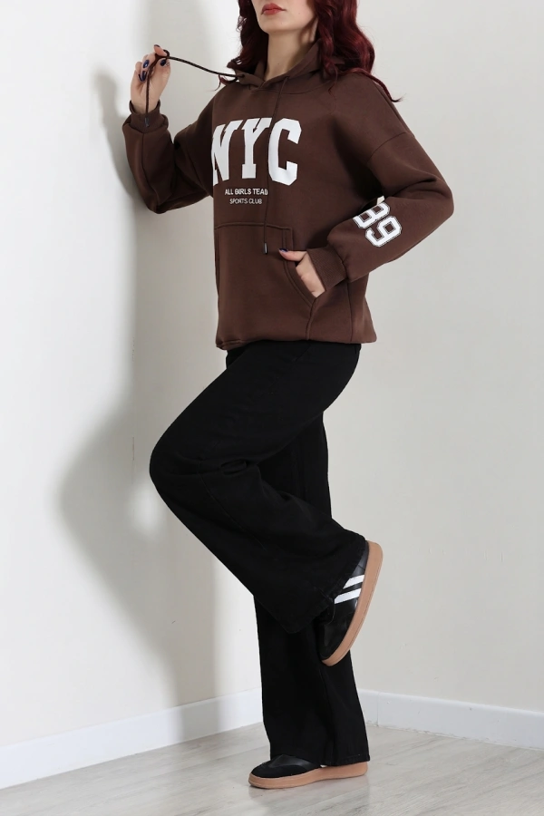 Kadın Kahve Kapüşonlu Baskılı Oversize Sweat Tunik 6