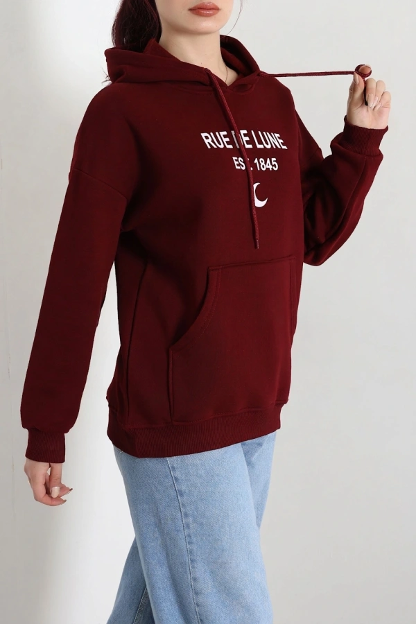 Kapşonlu Baskılı Sweat Bordo 5