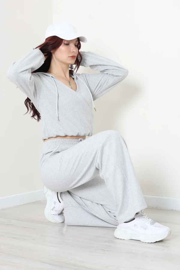 Kapşonlu Crop Selanik Takım Gri 6