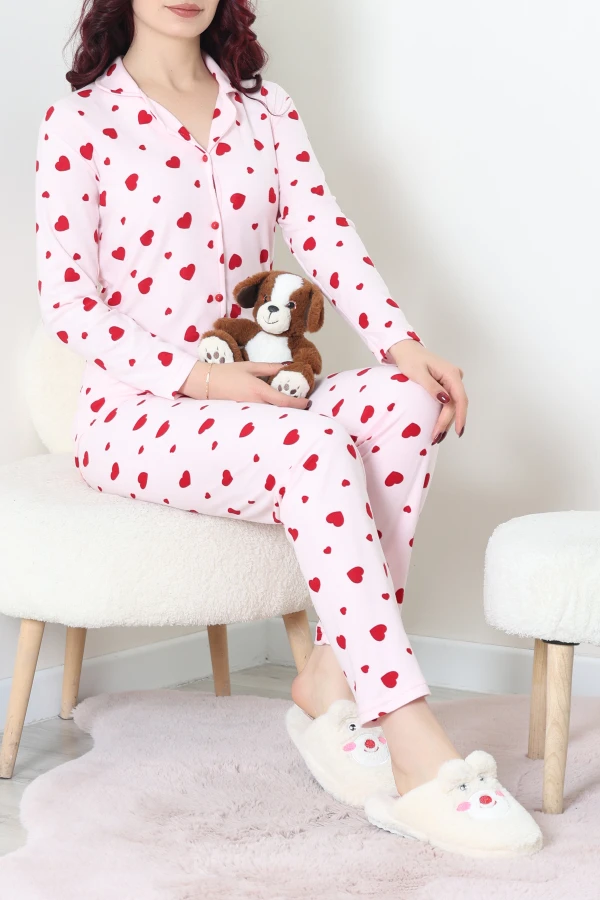 Kadın Pembe Kalpli Süet Düğmeli Pijama Takımı 7
