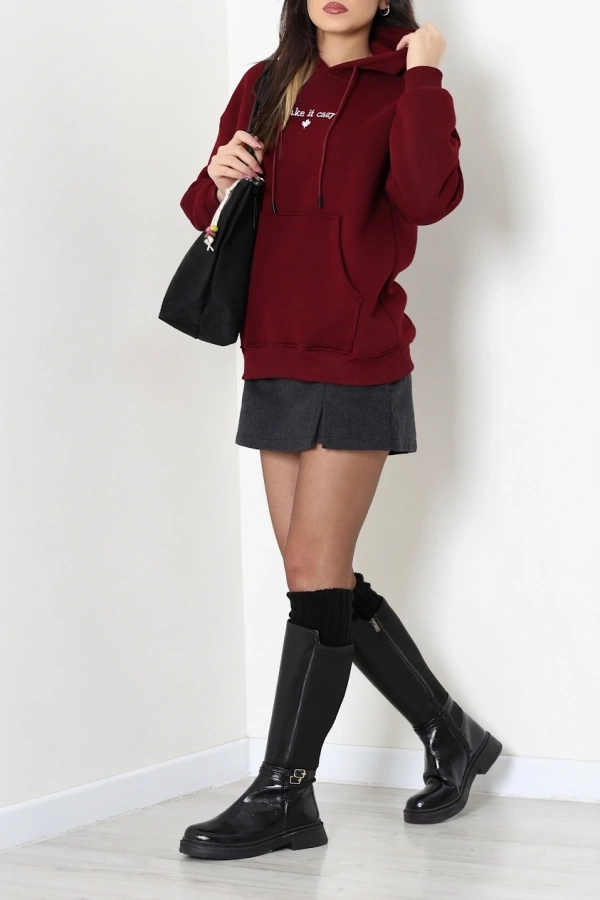 Kadın Bordo Üç İplik Kapüşonlu Nakışlı Sweatshirt 5