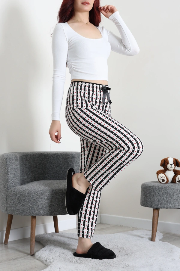 Kadın Siyah Havlu Kemerli Rahat Kalıp Pijama Altı 4