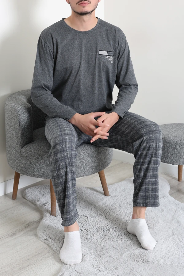 Erkek Füme Ekose Desenli Süprem Pamuklu Pijama Takımı