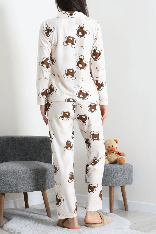 Süet Düğmeli Pijama Takımı Bejkahve 7