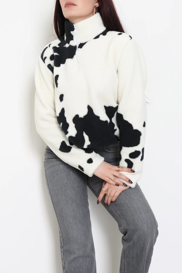 Kadın Ekru Oversize Yarım Fermuarlı Peluş Sweatshirt Tunik 5