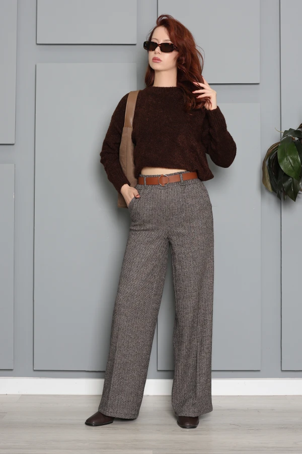 Kadın Vizon Kemerli Geniş Paça Jakar Pantolon 4