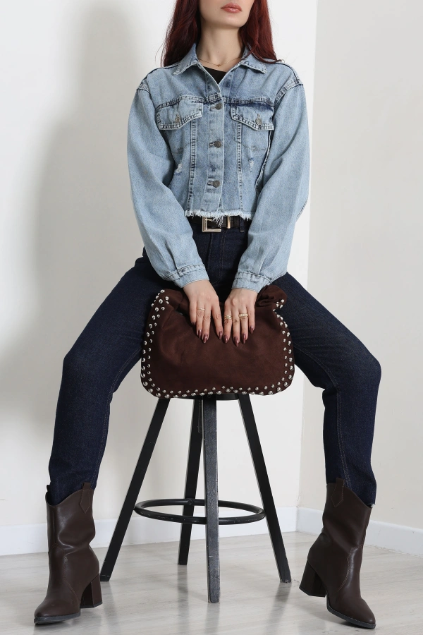Kadın Buz Mavi Crop Kot Ceket Oversize Fitli 2