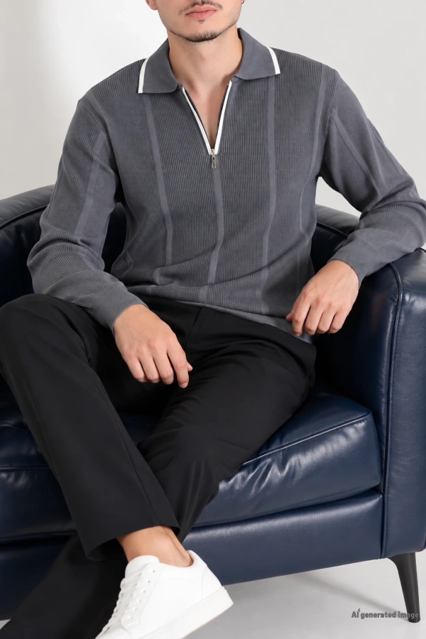 Çizgili Polo Yaka Erkek Triko Sweat Antrasit