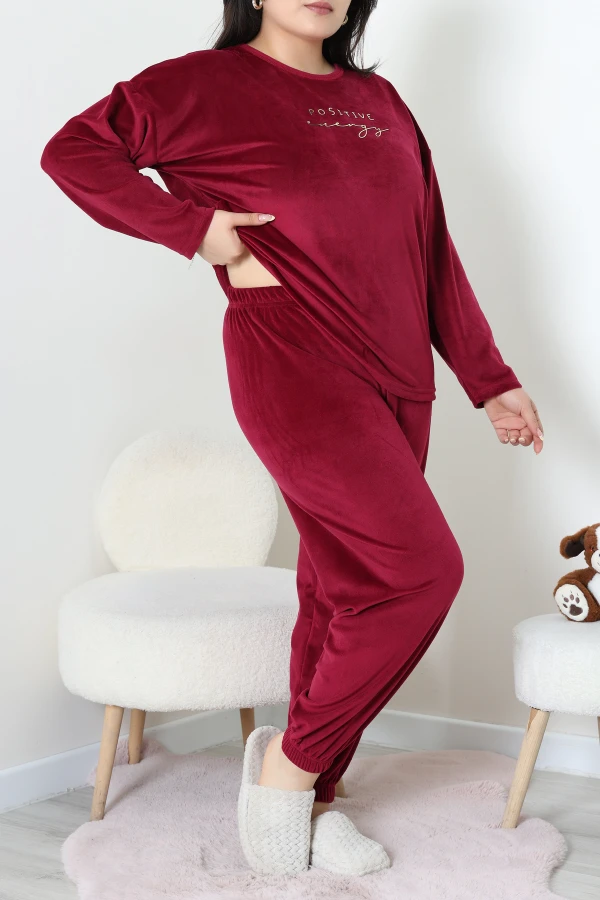 Fransız Kadife Büyük Beden Pijama Takımı Bordo 3