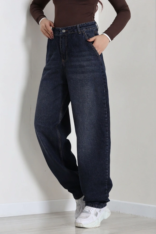 Kadın Lacivert Yüksek Bel Baggy Fit Bol Kesim Kot Pantolon 4