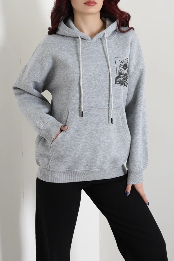 Kadın Gri Kapüşonlu Baskılı Oversize Sweat Tunik 3