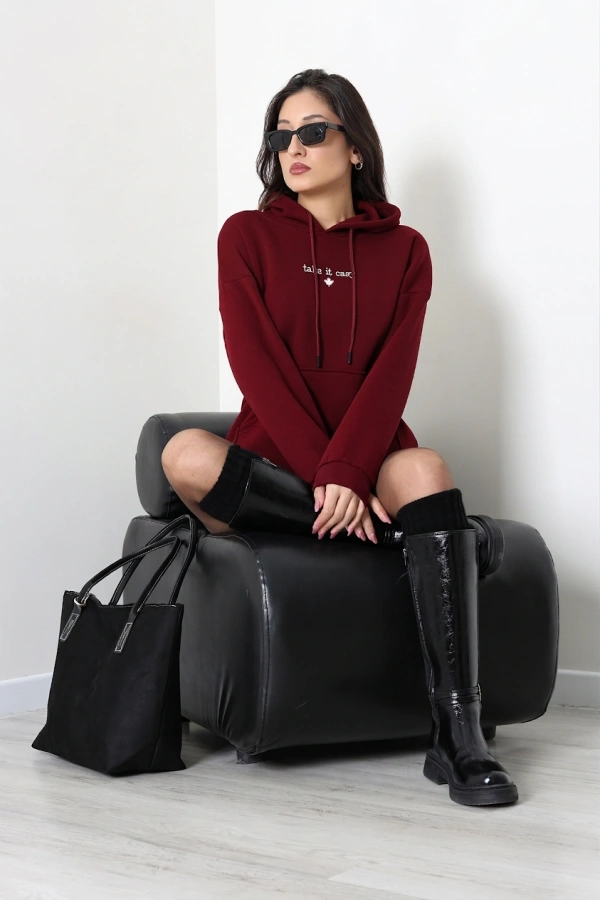 Kadın Bordo Üç İplik Kapüşonlu Nakışlı Sweatshirt