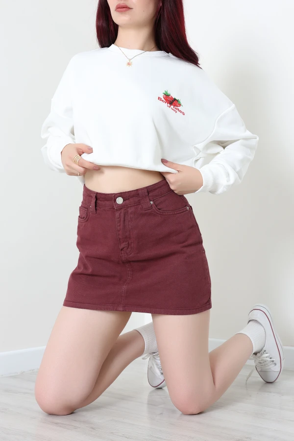 Quzu Çilek Baskılı Sweatshirt Beyaz 6