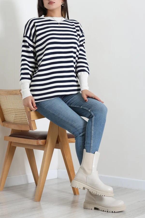 Kadın Ekru Çizgili Oversize Triko Kazak 6