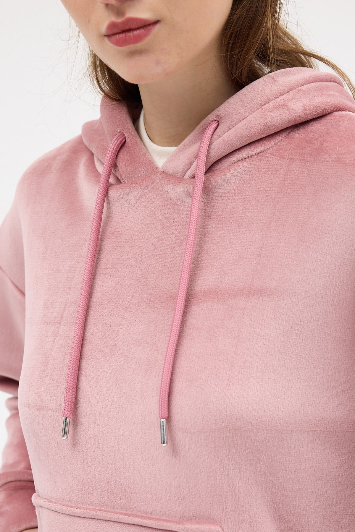 Pembe Kadın Peluş Kanguru Cepli Kapüşonlu Sweatshirt 3061A 4