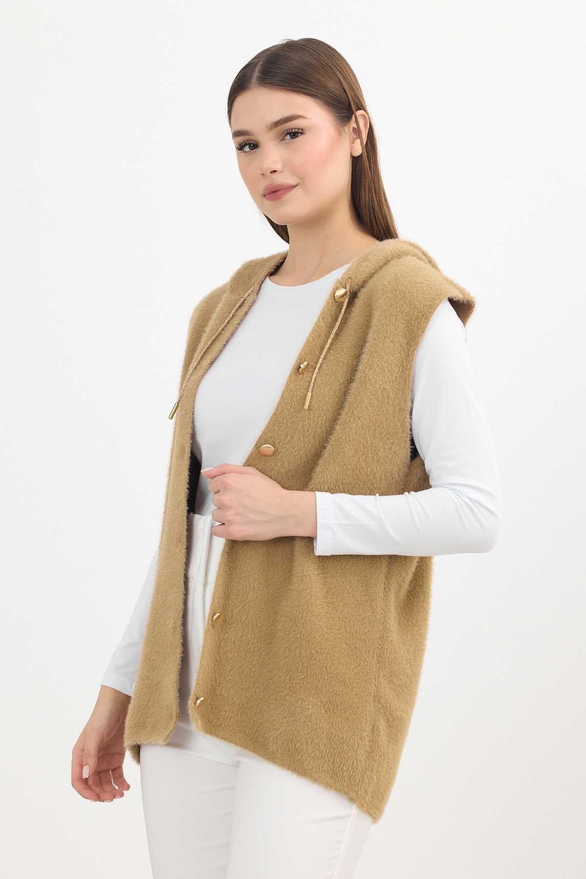 Kapüşonlu Yumoş Yelek 6681 Camel 7