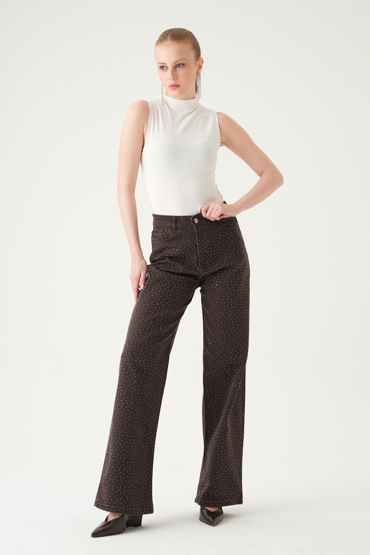 Taşlı Geniş Paça Jean 4910 Kahve 7